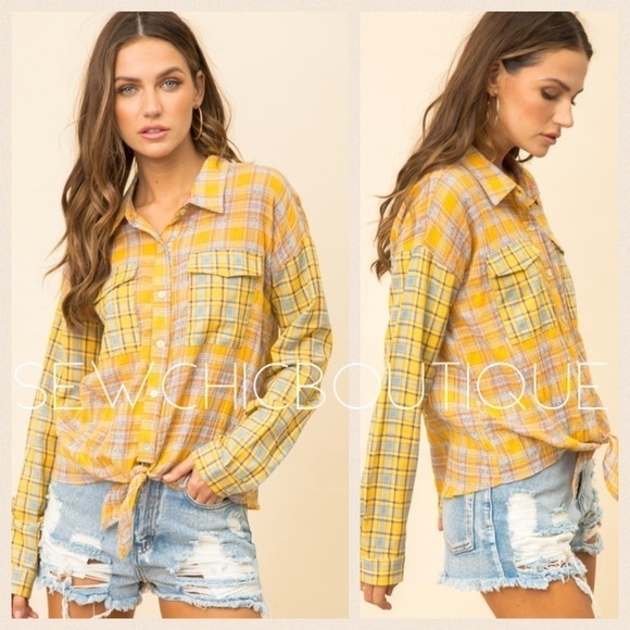 Mustard Plaid Contrast Front Tie Pocket Shirt - Picture 4 of 8